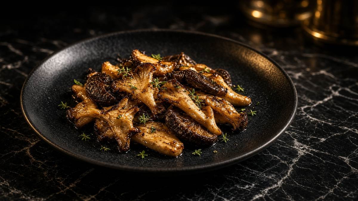 Sautéed gourmet mushrooms on a dark plate